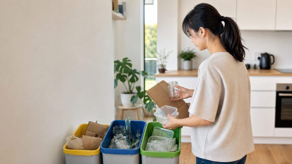Người phụ nữ gốc Việt phân loại hộp giấy, thủy tinh và hộp nhựa tại nhà ở Đức, minh họa quy định EU PPWR 2026.