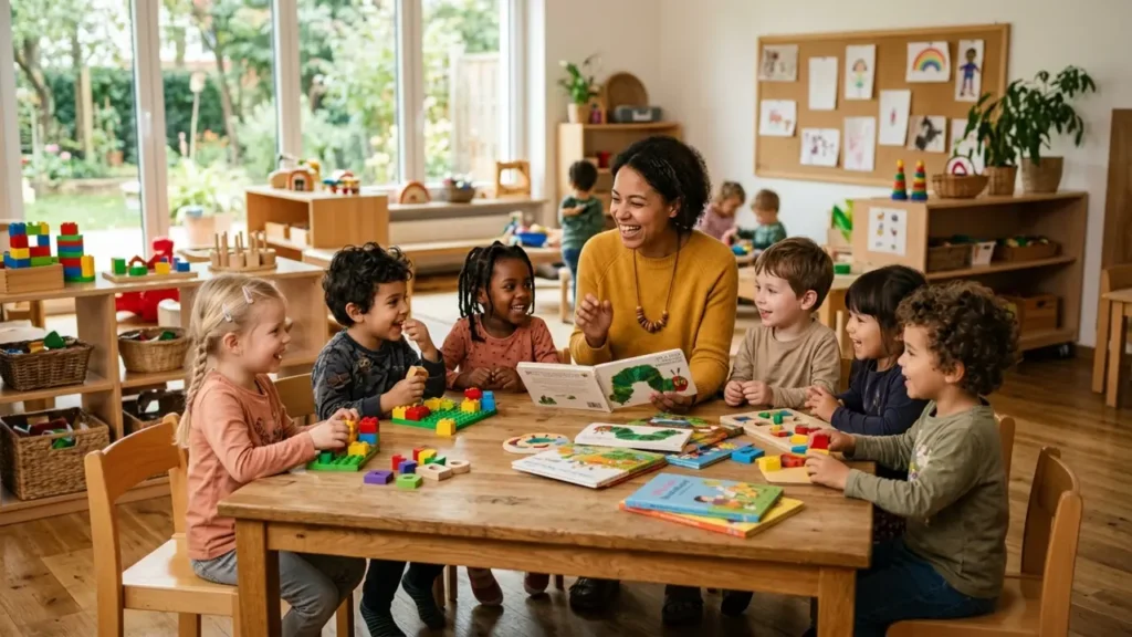Giáo viên mầm non và trẻ em 4 tuổi tại Đức trong giờ học ngôn ngữ chuẩn bị cho kiểm tra tiếng Đức theo luật SCQEG